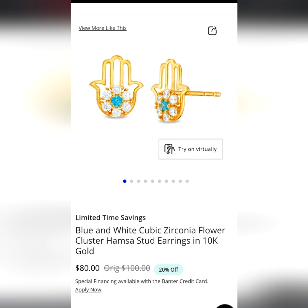 Gold Hamsa Earrings with Blue and White Stones 10K Yellow Gold